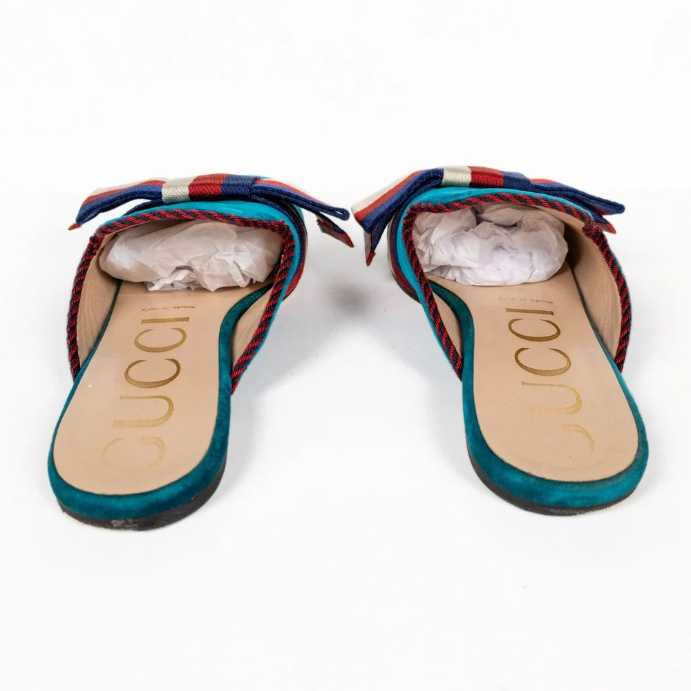 GUCCI Sylvie Bow Velvet Mule Flat Slippers in Pavone Red Blue Women's EU 37.5 - Picture 5 of 11
